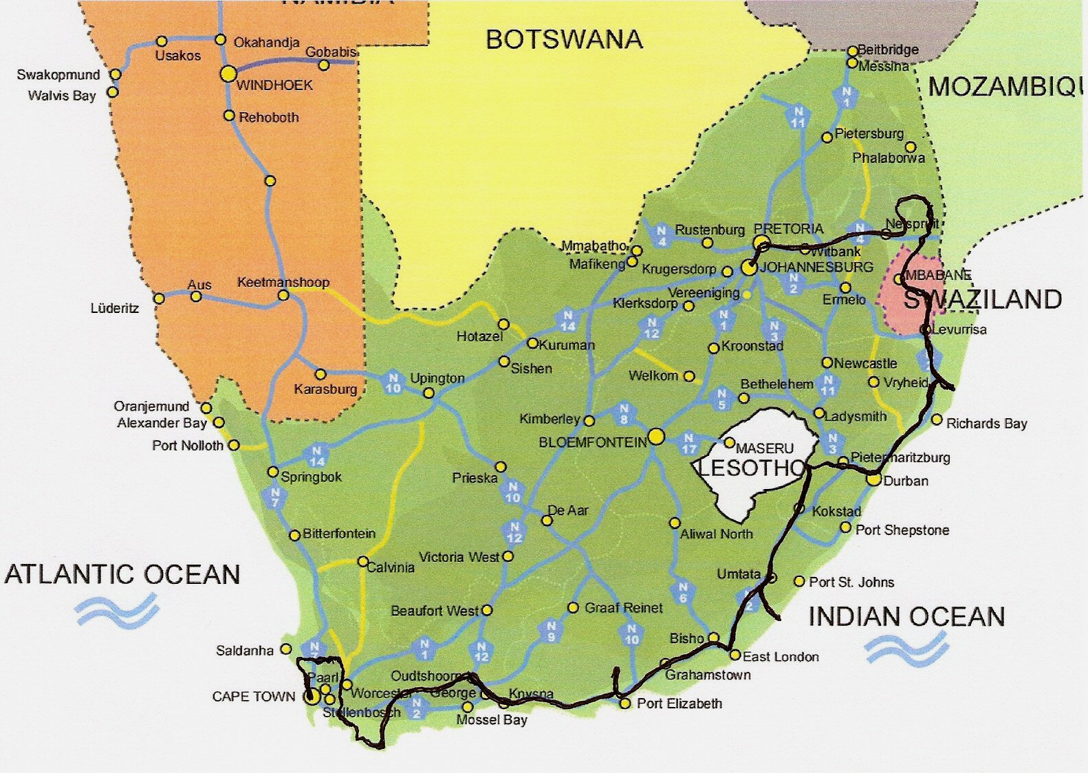 Zuid Afrika reisroute 2008
